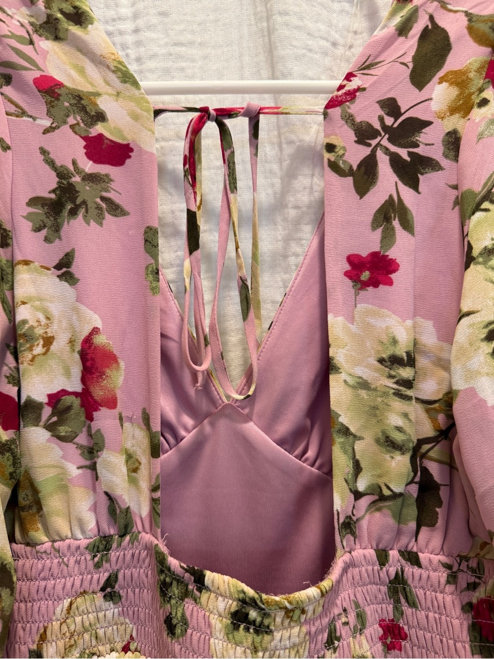 LUSH Pink Floral Open Back Tiered Mini Dress Long Sleeve - Picture 7 of 7